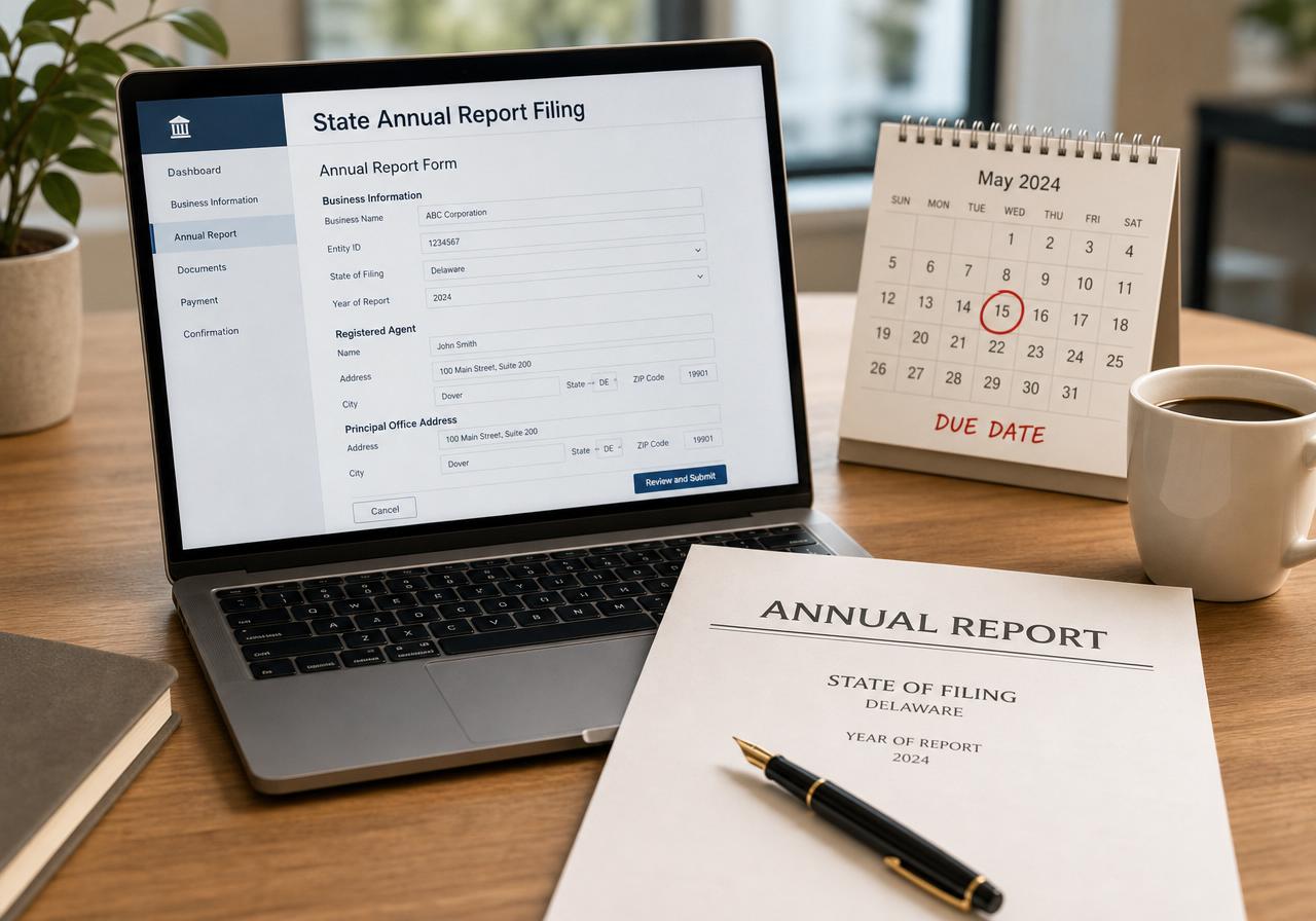 Laptop showing a state annual report filing form next to a printed annual report and calendar